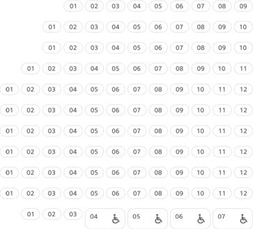 F(01~09), G(01~10), H(01~10), I(01~11), J~O(각01~12), P(01~03, 04~07 장애인우대석)