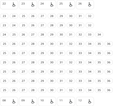 F(22~26 장애인우대석), G(23~32), H(23~32), I(24~34), J~O(각25~36), P(08~12 장애인우대석)
