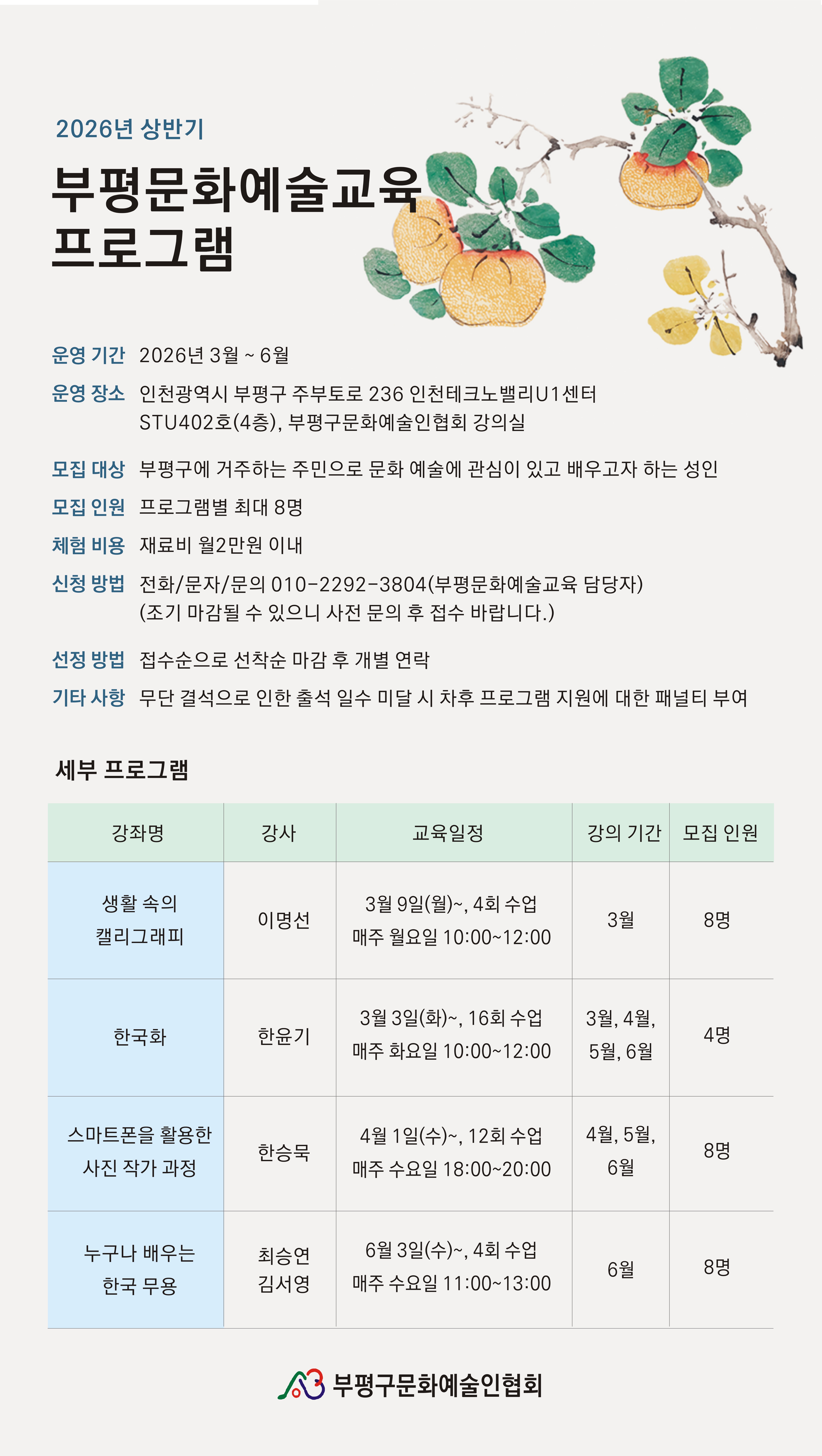 ■운영 기간: 2026년 3월 ~ 6월
■운영 장소: 인천광역시 부평구 주부토로 236 인천테크노밸리U1센터 STU402호(4층), 부평구문화예술인협회 강의실
■모집 대상: 부평구에 거주하는 주민으로 문화 예술에 관심이 있고 배우고자 하는 성인
■모집 인원: 프로그램별 최대 8명
■체험 비용: 재료비 월 2만원 이내
■신청 방법: 전화/문자/문의 010-2292-3804 (부평문화예술교육 담당자)
(조기 마감될 수 있으니 사전 문의 후 접수 바랍니다.)
■선정 방법: 접수순으로 선착순 마감 후 개별 연락
■기타 사항: 무단 결석으로 인한 출석 일수 미달 시 차후 프로그램 지원에 대한 패널티 부여